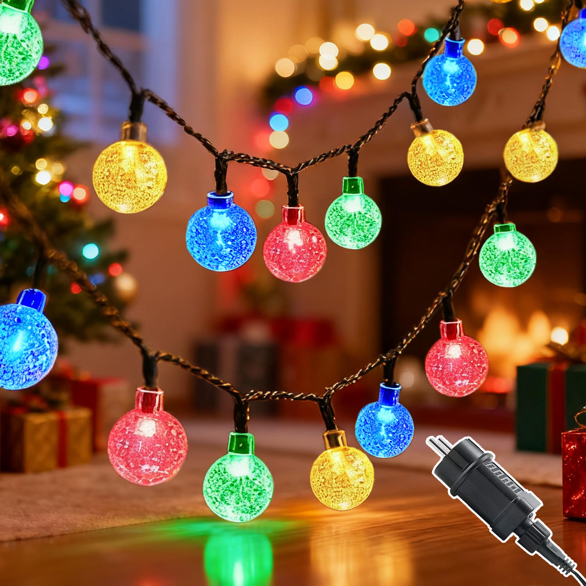 Meision LED Lichterkette Außen 20M, Kugel Kristallkugeln Lichterkette Innen mit Stecker + 8 Modi + Timer + IP44, Lichterketten Weihnachtsbaum für Garten Balkon Weihnachten, Bunt