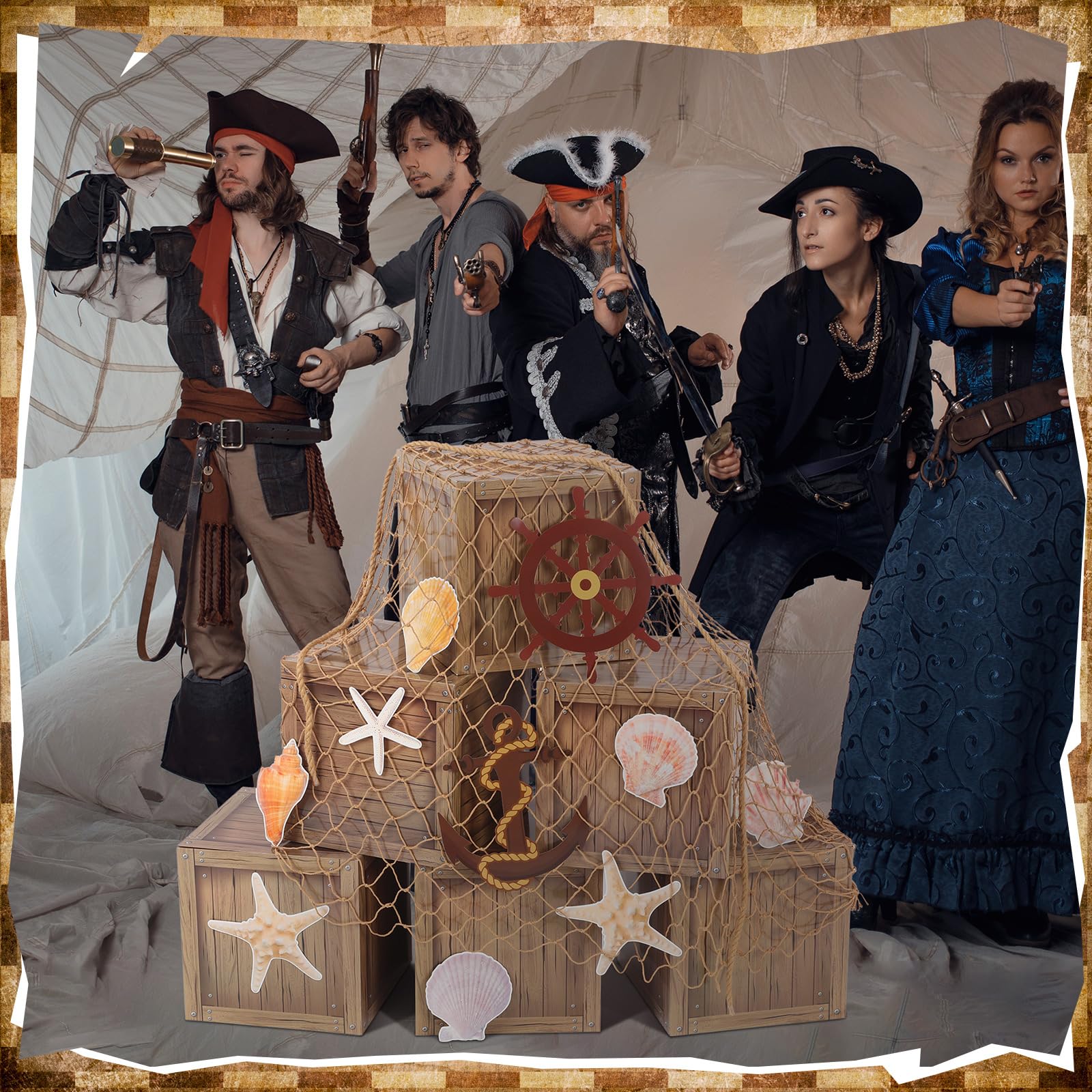 JellyArch 18 piezas de recuerdos de fiesta pirata, decoraciones de Halloween, caja de madera de imitación, tarjeta de red de pesca pirata, decoración de fiesta de cumpleaños, suministros de fiesta
