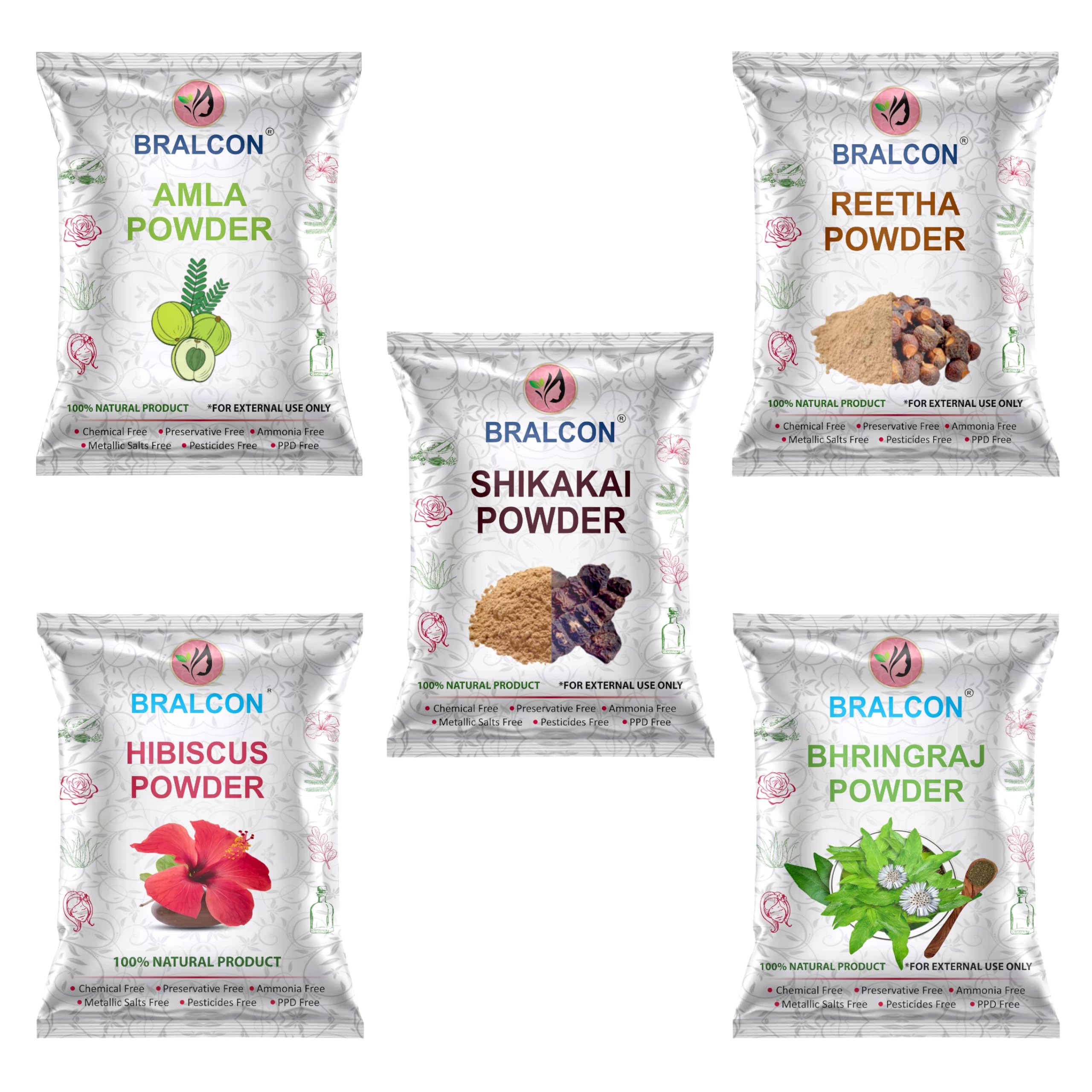 Amla, Reetha, Shikakai, Hibiscus, Bhringraj - 100g each (100 X 5 Pack) || Natural Herbal Powder Combo for Hairs || Chemical Free (Pack of 5, 100g each, Total 500 g Pack)