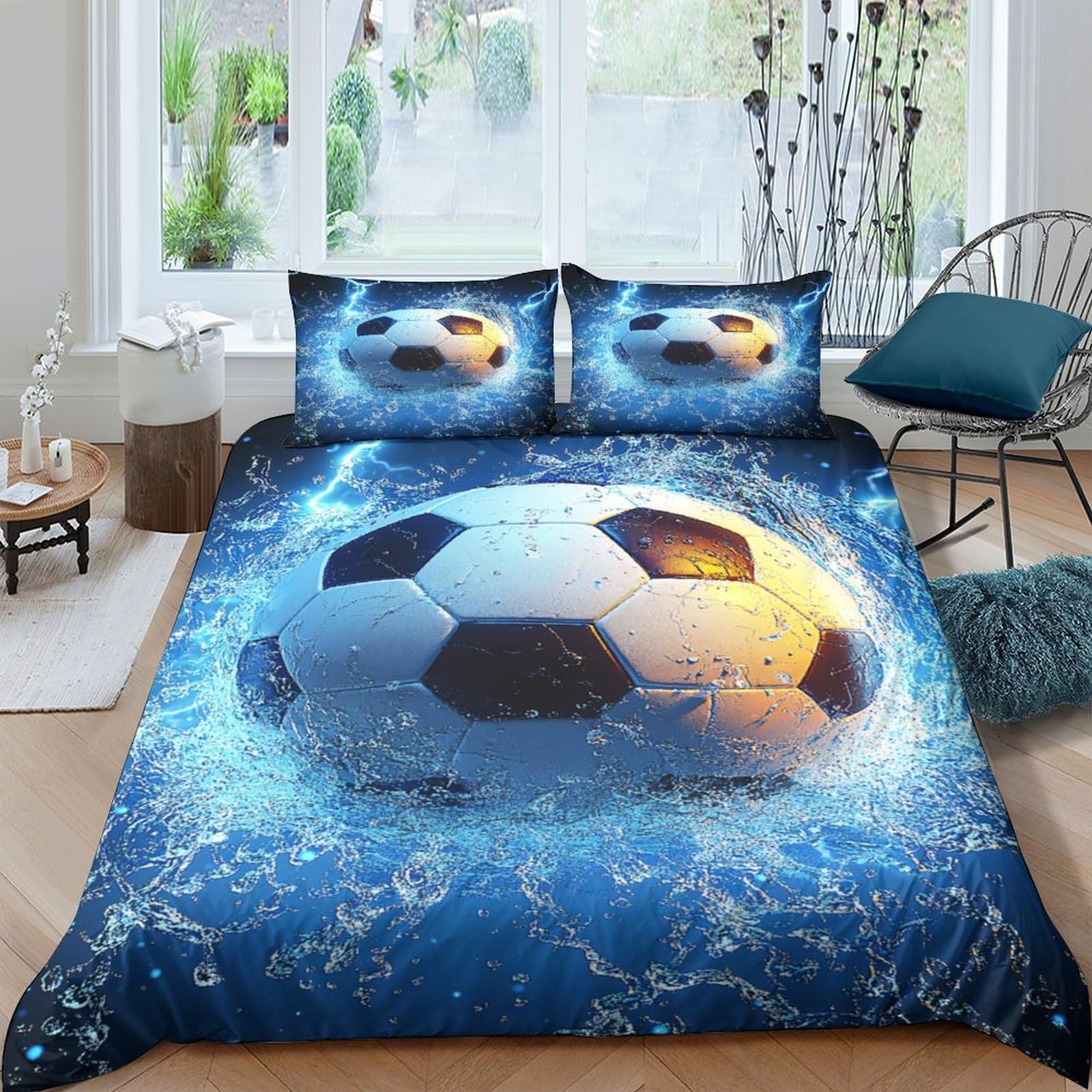 P5V6M1Q9 3D Printed Football Splash Duvet Cover Set Microfiber Soft Breathable Bedding with 2 Pillowcases for Bedroom Decor Single（135x200cm）