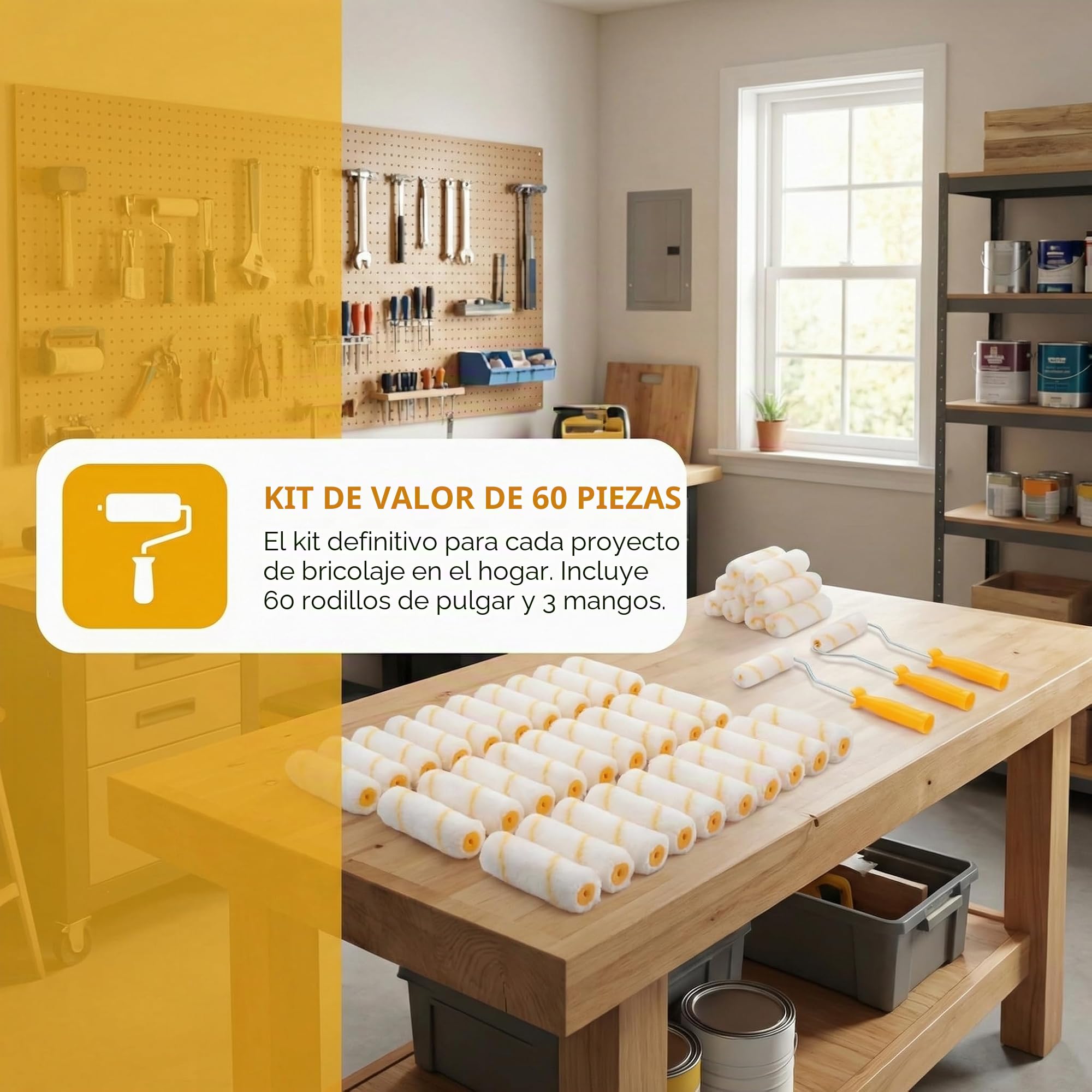 60 Piezas Set de Rodillos de Pintura Pequeños,10 CM Rodillo Pintura Pared Rodillo de Pintura Pequeño con 3 Mango de Rodillos,Juego de Cepillos para Pulgar Amarillo para Renovaciones Paredes | Rodillos de espuma para puertas, muebles, radiadores, paredes y