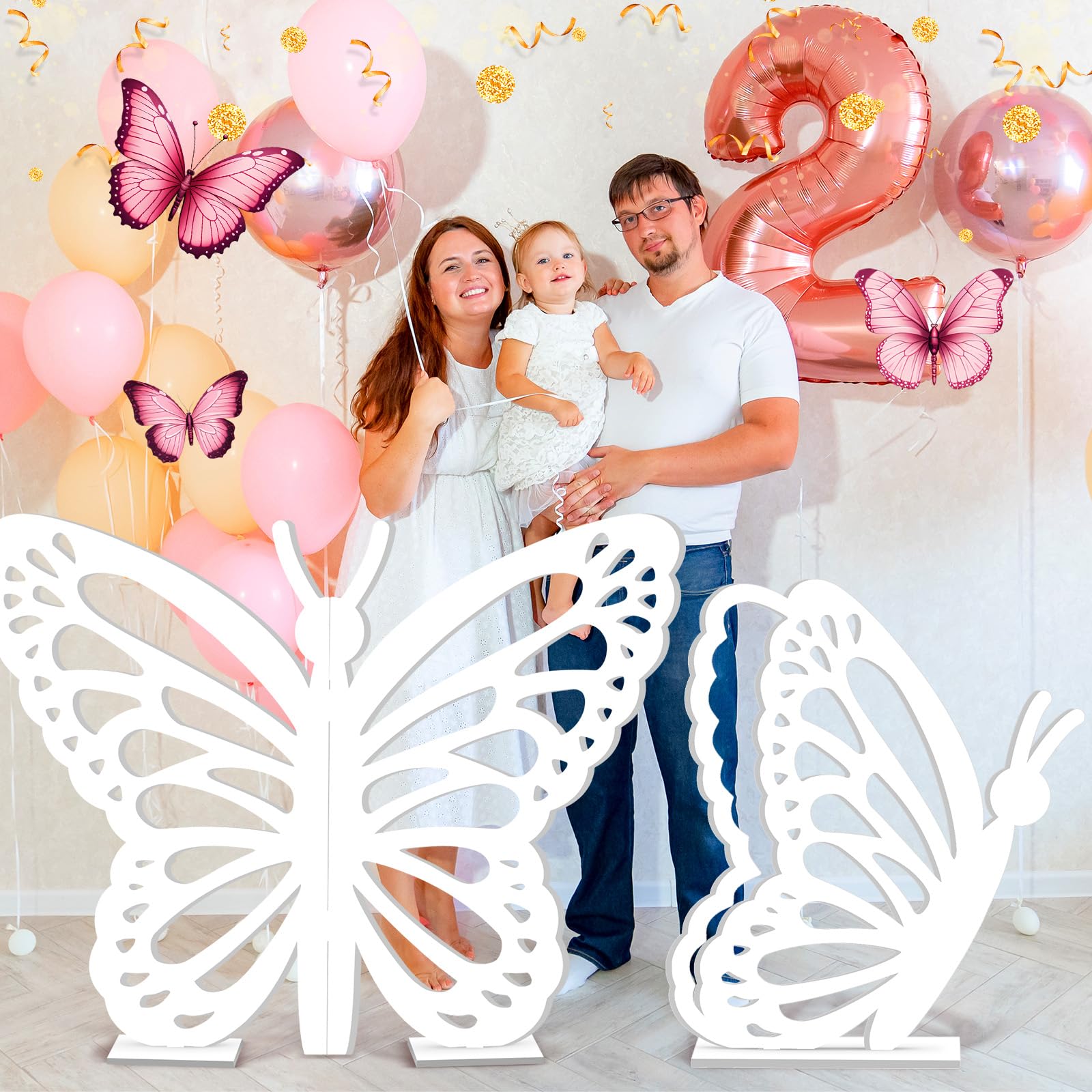 Yousoontic 2 Stück große Holz-Schmetterlingsrequisiten – Stehende Flügel Ausschnitt Hintergrund Dekoration für Geburtstag, Babyparty, Hochzeitsfeier (weiß, 90 cm und 60 cm)