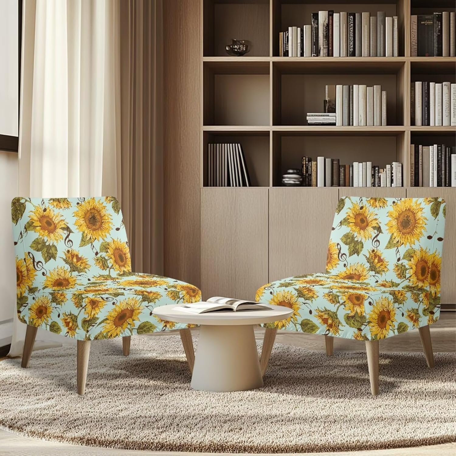 Merkmak Washable Armless Slipper Chair Covers with Elastic Band Armless Accent Chair Cover Autumn Sunflower Green Leaves Single Sofa Protective Slipcover for Farmhouse Decoration