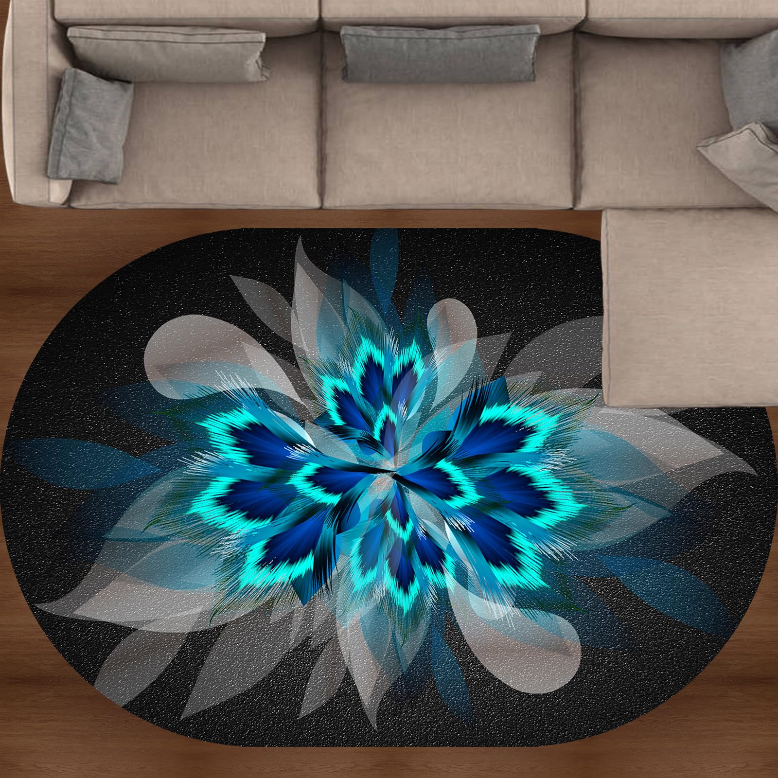 KTYUTJDH Rugs Living Room Decorative Rug Bedroom Large Kitchen Rugs Non Slip Washable,Black Grey Dark Blue Turquoise Feather Pattern Modern,Blue,Oval 120 x 180 cm