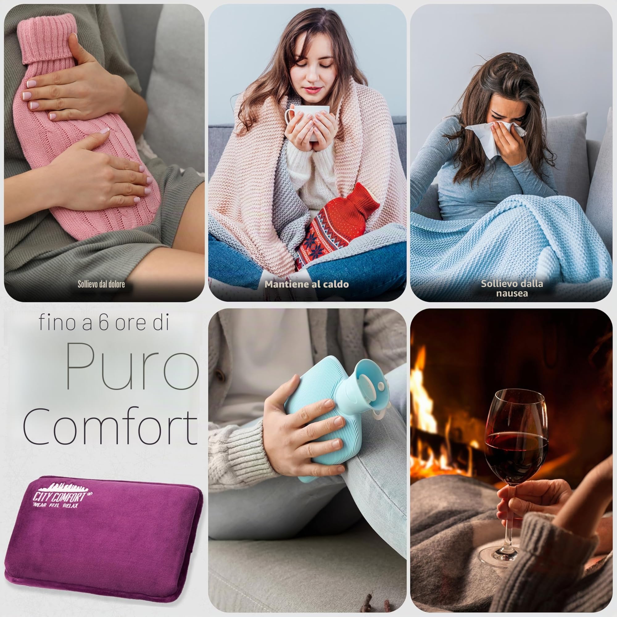 CityComfort Borsa Acqua Calda Elettrica Scaldino Elettrico Ricaricabile Morbida Copertura Boule Scaldamani Piedi Ciclo Relax Scaldotto Portatile (Viola)