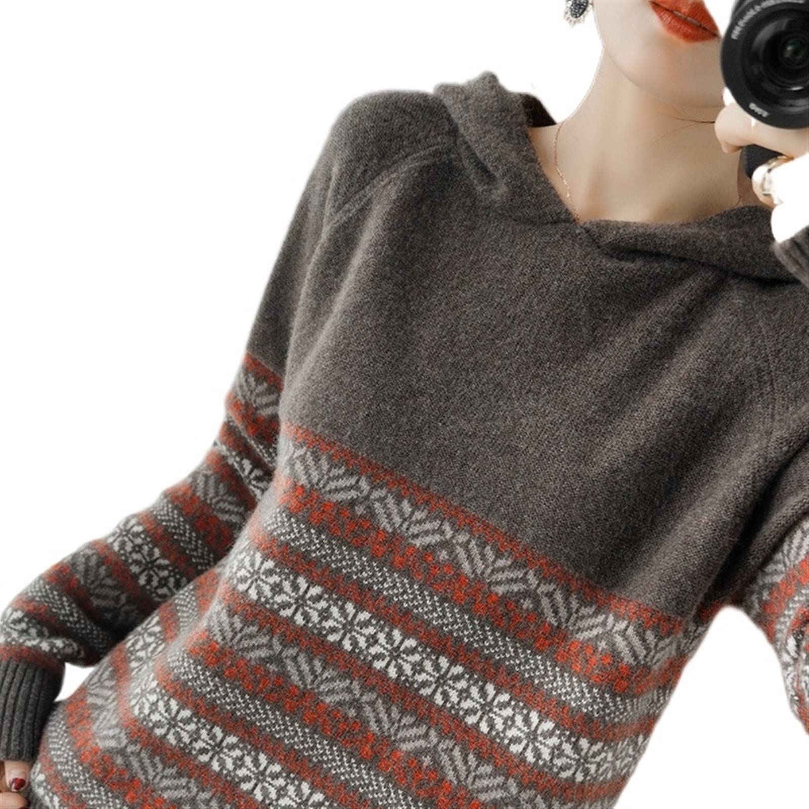 TUYYA Dress for Women Women's Pure Wool Sweater, Cashmere Collar Hoodie, Solid Color Sweater, Warm Knitted Shirt (Size : XL)