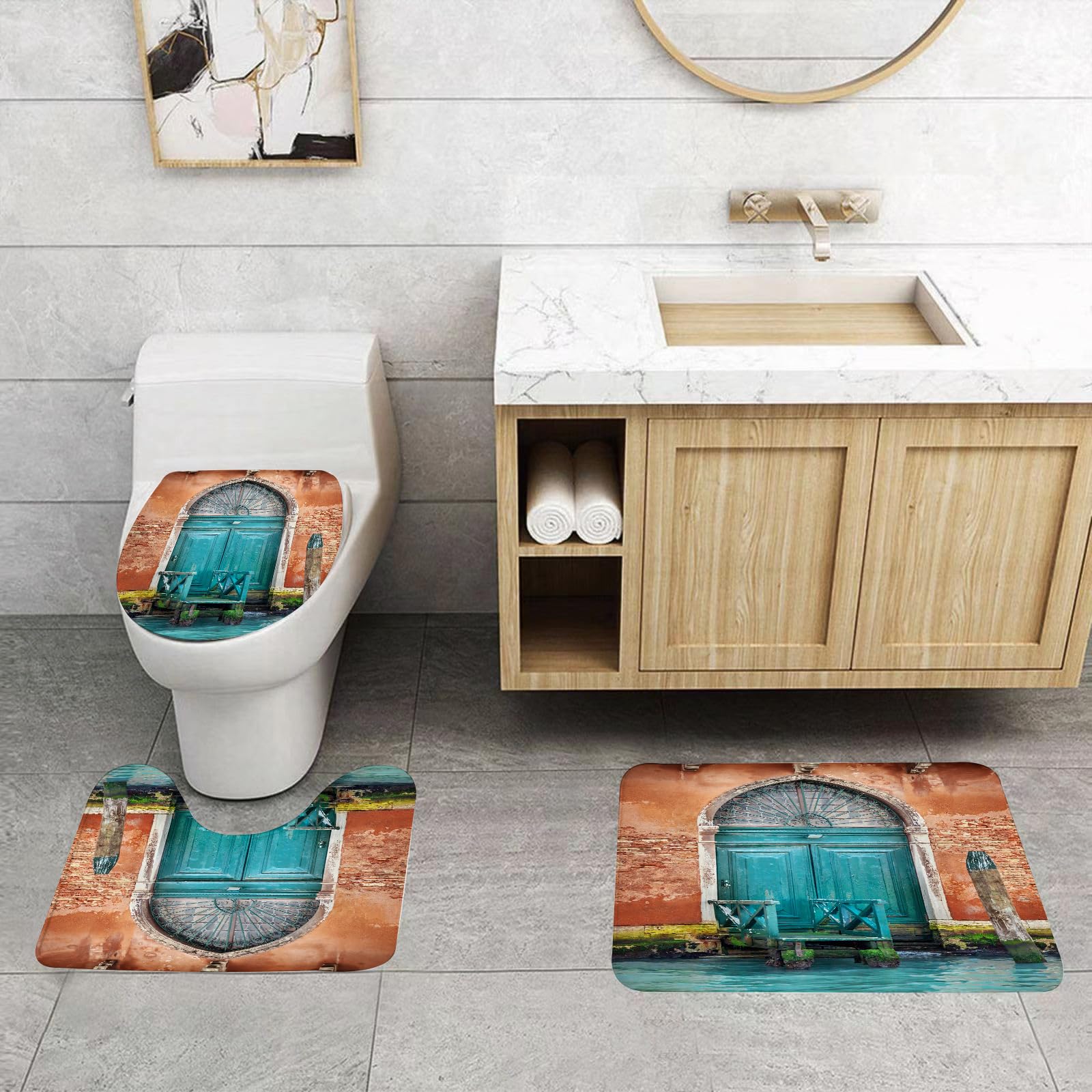 Set di 3 tappetini da Bagno, Lavabili in Lavatrice e Antiscivolo, in Morbida Fibra Superfine, con Motivo Venezia, Edificio Antico e Porta d'ingresso Antica, Città sull'acqua, stori