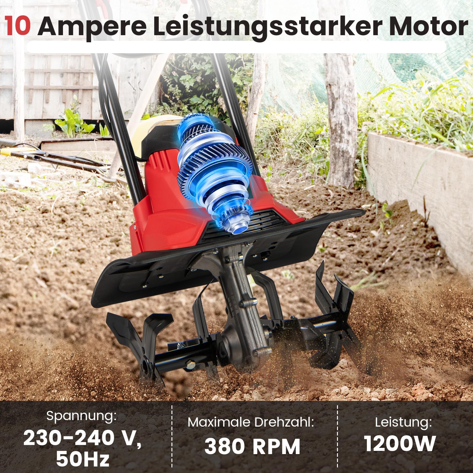 COSTWAY Motorhacke elektrisch, 1200W | Arbeitsbreite 36 cm | Arbeitstiefe 22 cm | 380 U/min, Elektro Bodenhacke mit Schutzschalter & Handgriff, klappbarer Gartenfräse (36,5 x 24 x 138 cm,Rot)