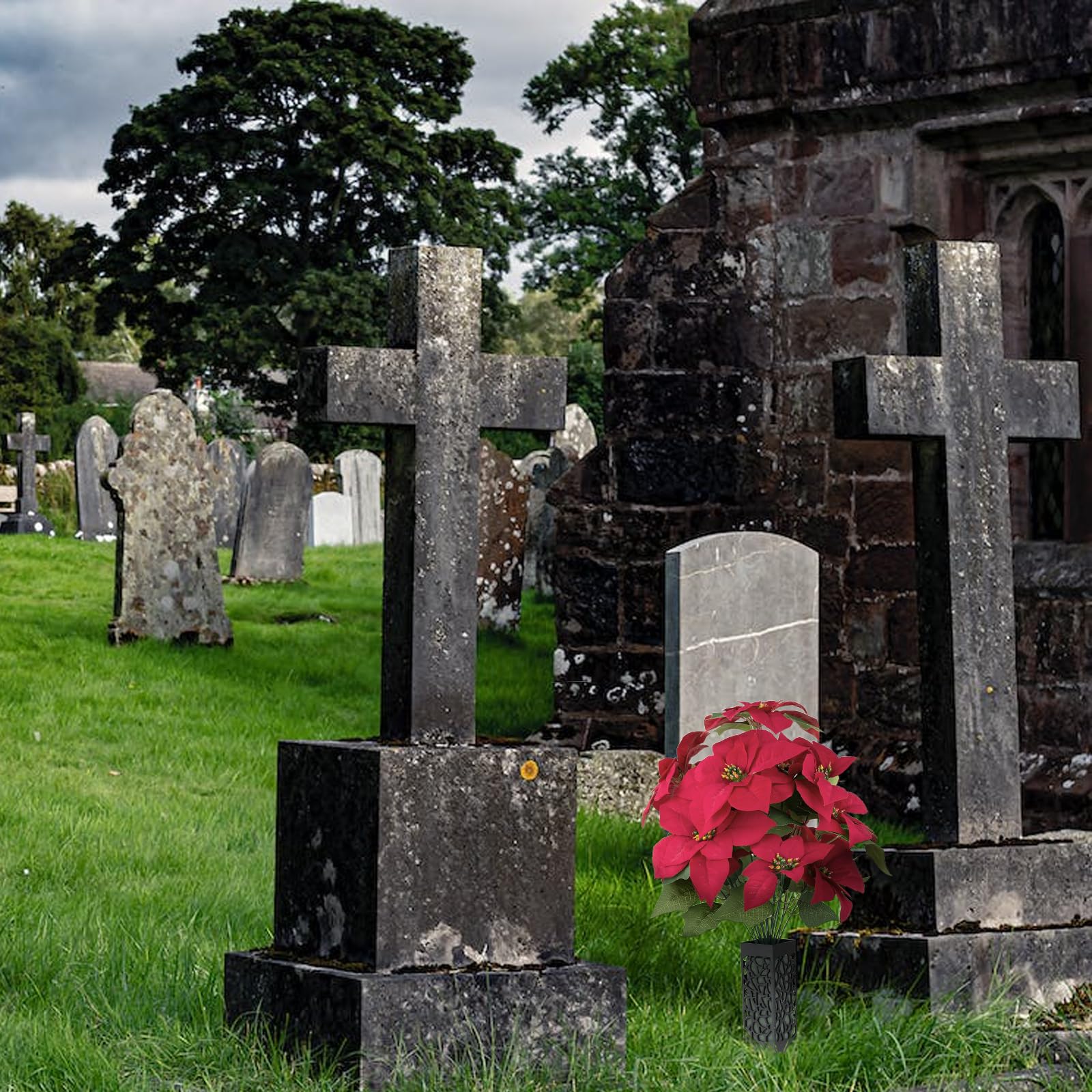 Memobloom Poinsettias Artificial Christmas Cemetery Flowers 2pcs Sympathy Flowers Bouquets with Vase Red Artificial Funeral Flower Silk Poinsettia Memorial Day Floral Arrangement for Grave Decoration