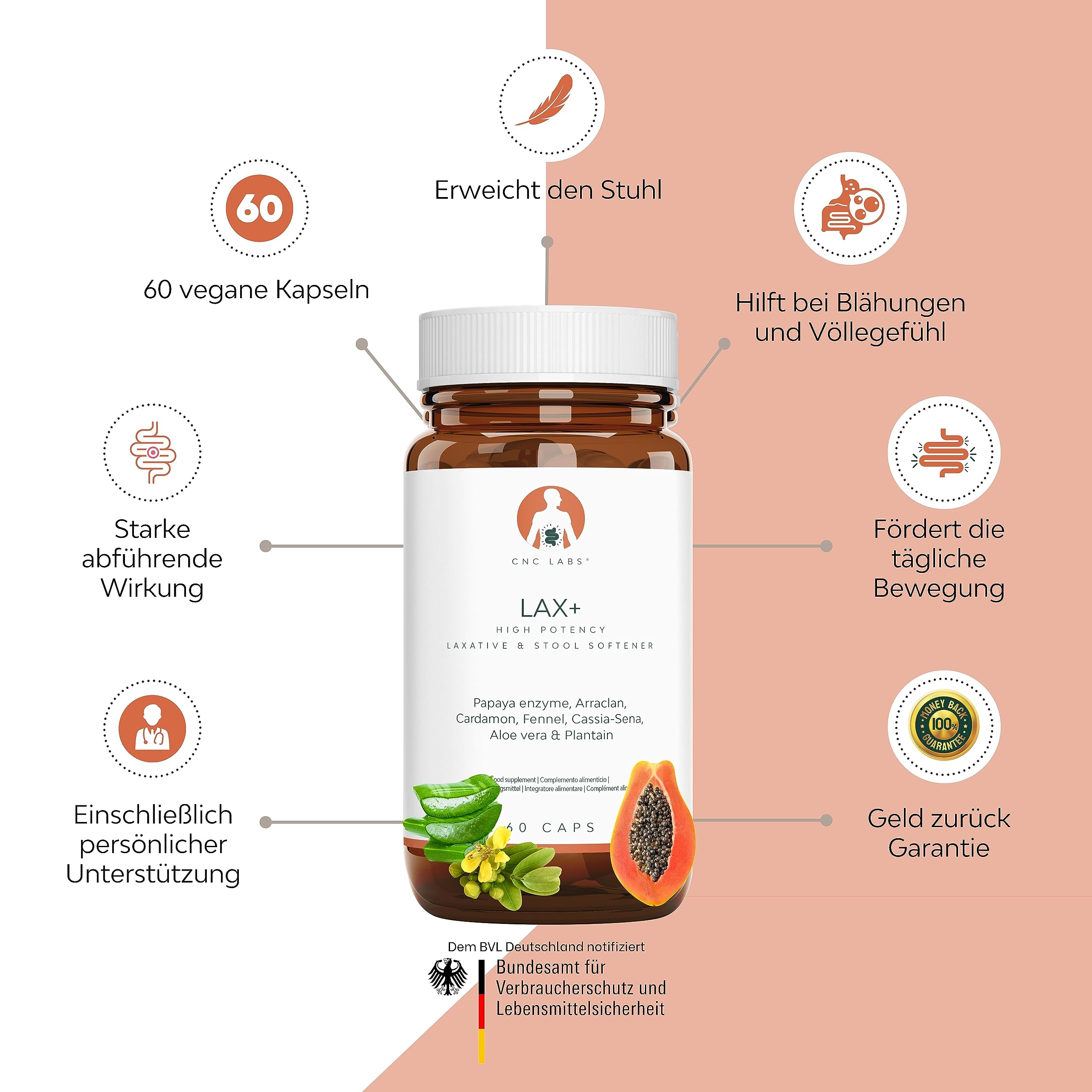 Abfhrmittel schnell wirkend LAX+, Stuhlweichmacher, 100% natrlich mit Aloe  Vera, stark bei Verstopfung, lindert Verstopfung mit Papaya, Arraklan,  Kardamom, Fenchel, Senna, Pflanzen : Amazon.de: Drogerie & Krperpflege