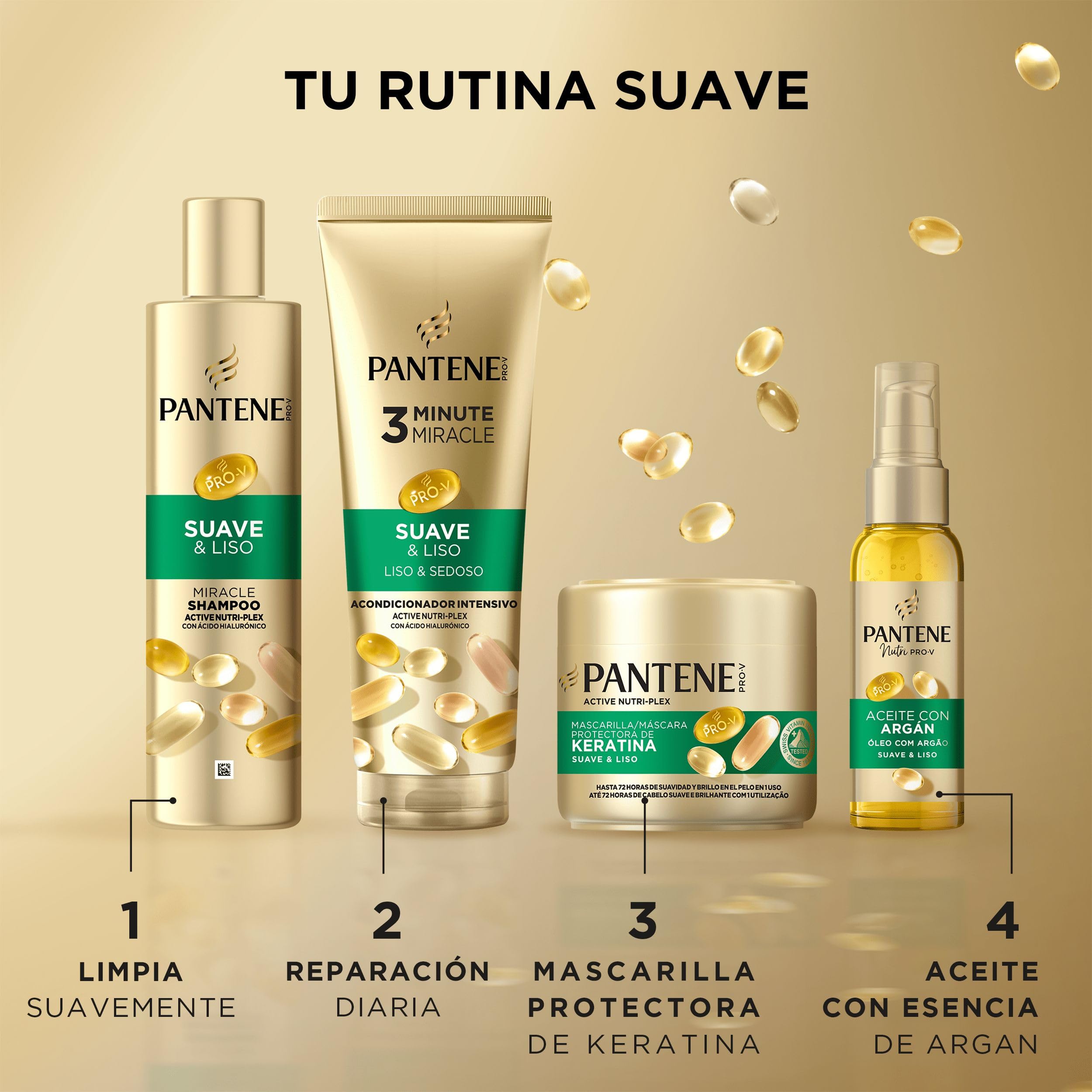 Pantene Pro-V Suave Y Liso Mascarilla Protectora De Keratina 3X300ml Para Pelo Encrespado Y Seco. Hasta 72H De Pelo Suave Y Brillante En Un Solo Uso