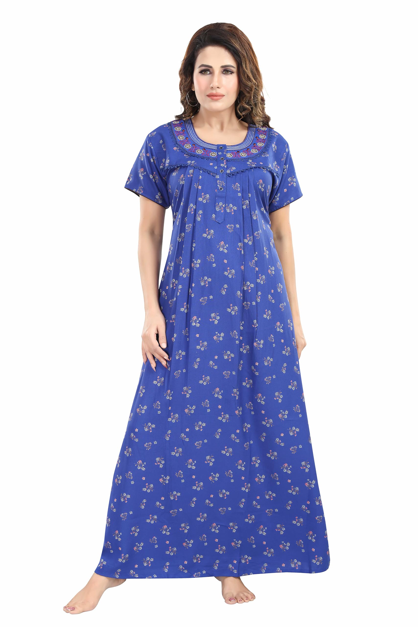 | Women's Floral Print Maxi Nighty | Short Sleeve,|Round Neck with Embroidered Yoke Nightgown| Cotton Nighty | Crafted for Queen | Maxi |-image-14