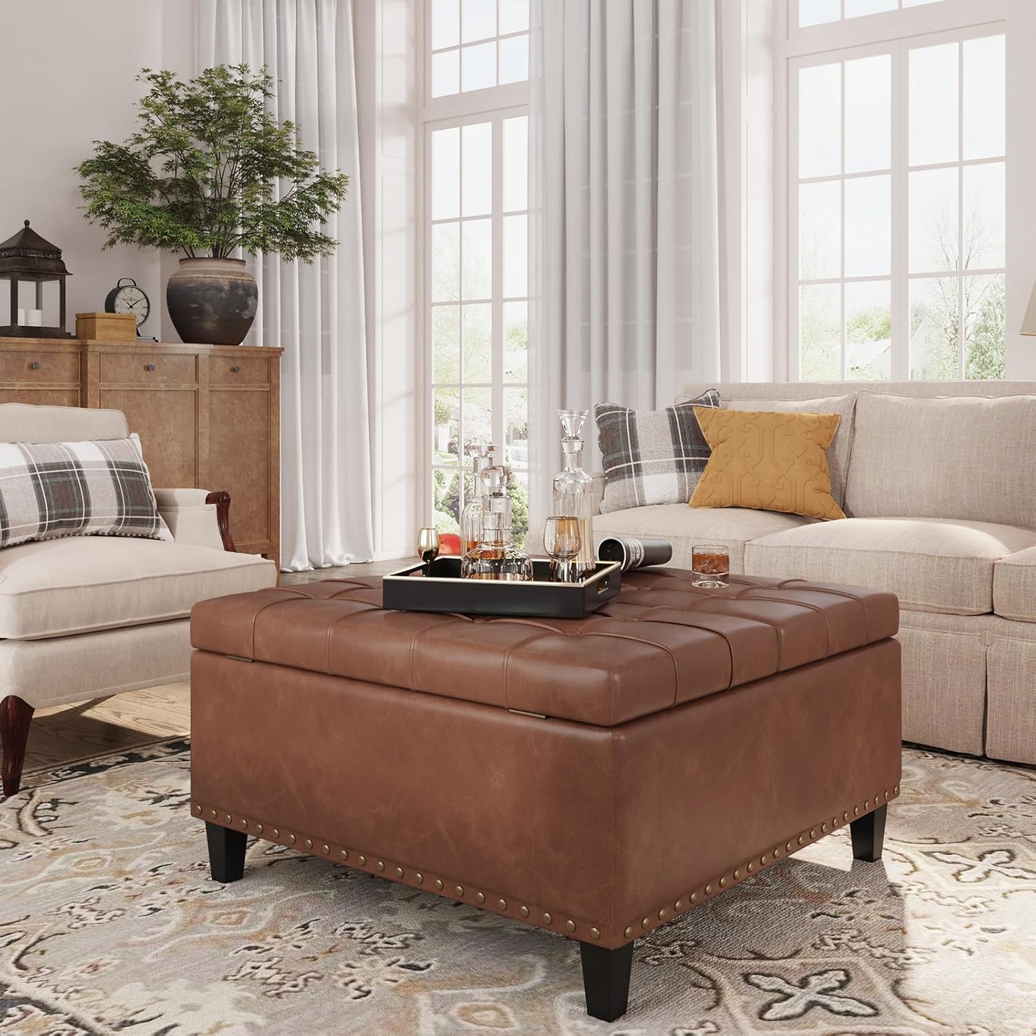 Amazon.com: FiveWillowise Square Leather Ottoman with Storage, Leather ...