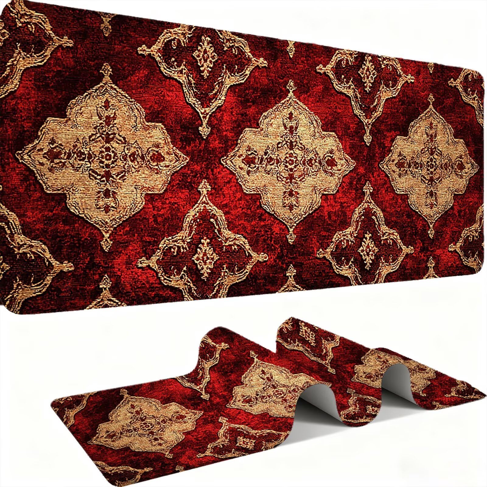 Tapis de Souris XXL 1500x800mm Desk Mat, Large Tapis de Bureau Multifonctionnel et Etendu, Protection Bureau avec Base Anti-Dérapage, pour Tous Types de Souris Maison Gaming - Bohème Rouge C0P-670