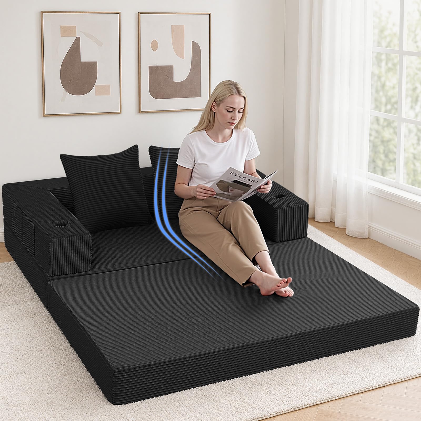 COMAX Futon Sofa Bed, Convertible Sofa Bed, Folding Boneless Couches | Low-Profile Boneless Couch for Living Room, 11.8" H Low Seat Small 59" Foldable Floor Sleeper Mattress Lounge Space‑Saving