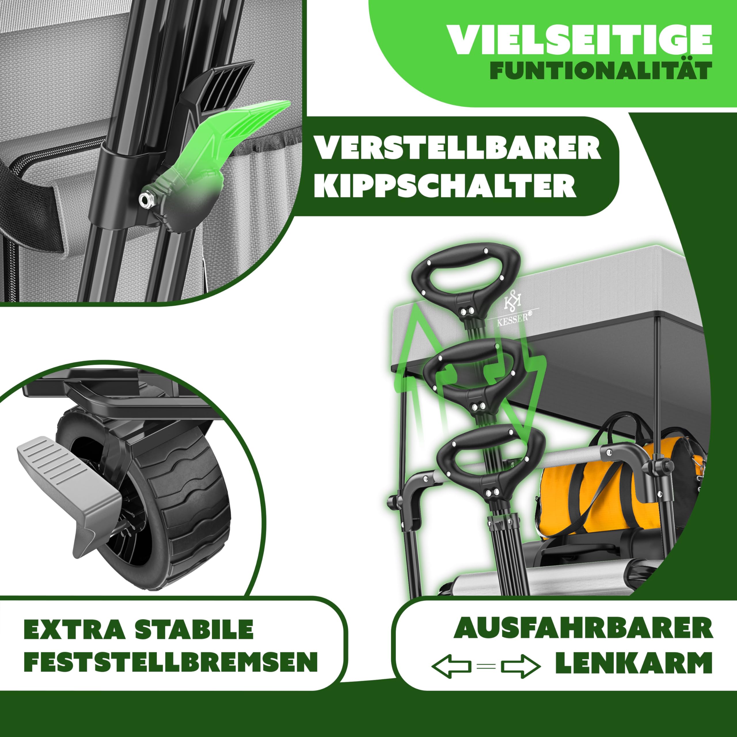 KESSER® Bollerwagen faltbar GT9000 Handwagen mit Dach | Transportwagen max. belastbar bis 150kg mit Hartgummi-Räder & Feststellbremsen (Vorne & Hinten) | Inkl. Schloss, Abdeckung, Wetter & Sichtschutz