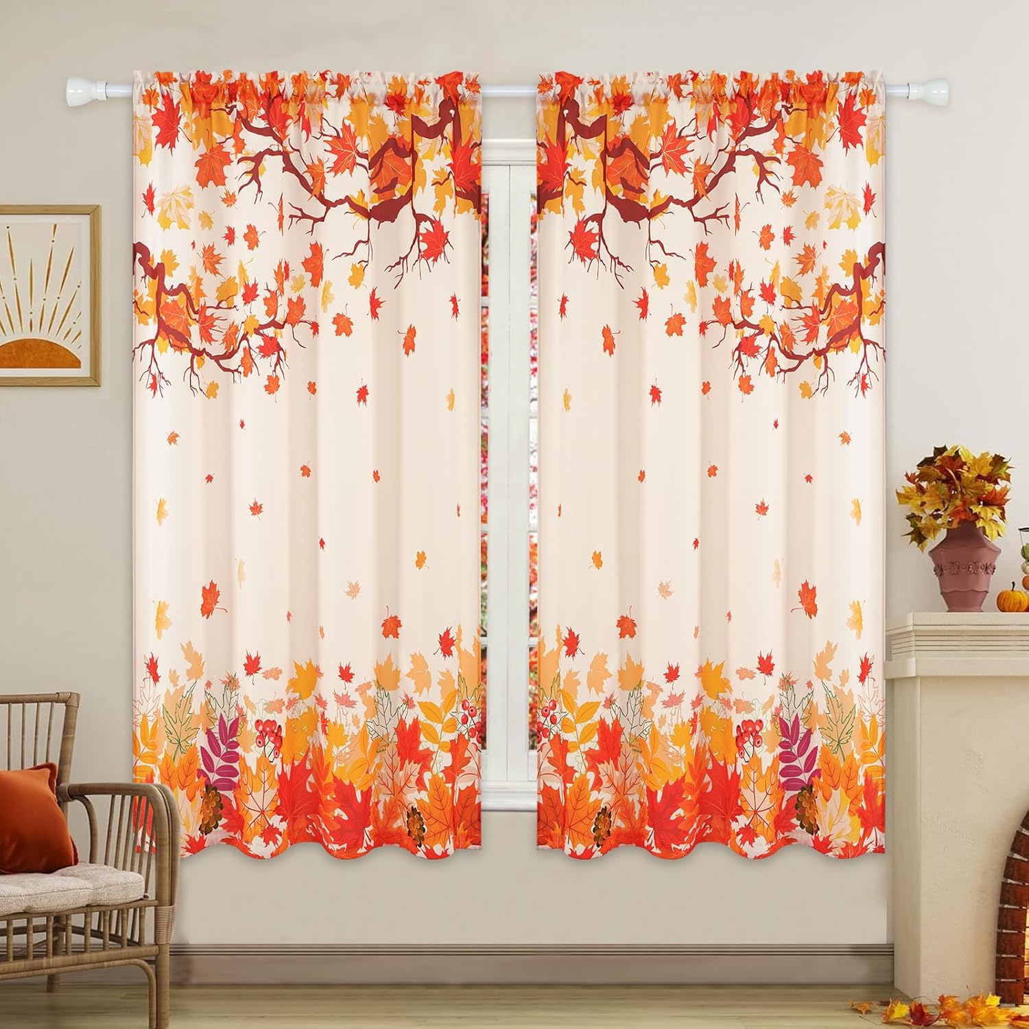 FRAMICS Fall Curtains for Living Room - Thanksgiving Maple Leaves 2 Panels Set, 84 Inch Length, Light Filtering Rod Pocket Window Treatments for Bedroom Dining Room, 52" W x 84" L