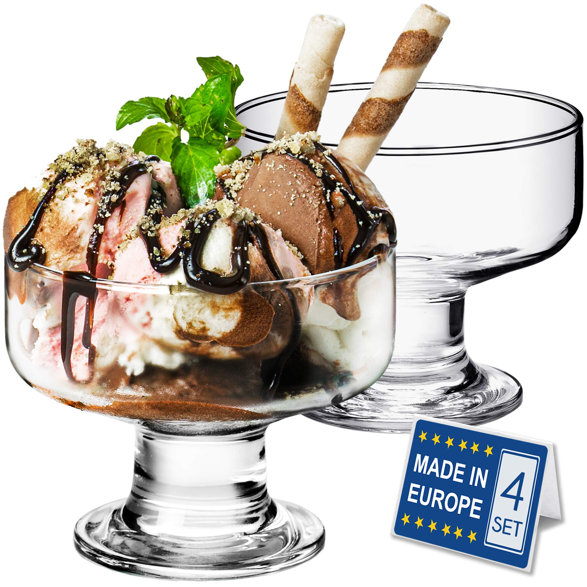Crystalia Small Glass Ice Cream Bowl Set, Glass Dessert Cups for Trifle Parfait Sundae and Nuts, Lead-Free Footed Dessert Cups, Clear Glass Fruit Parfait Cups, Set of 4, 9 oz (Rounded)