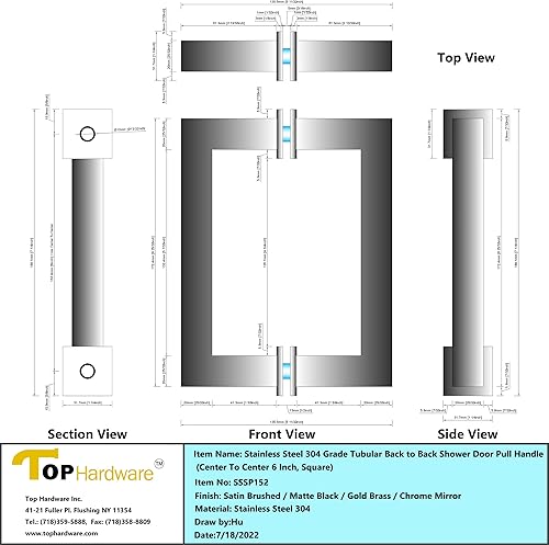 Miniatura 5 de Tirador tubular de acero inoxidable de grado 304 para puerta de ducha (6 pulgadas, cuadrado, acabado cromado espejo SSSP152M)