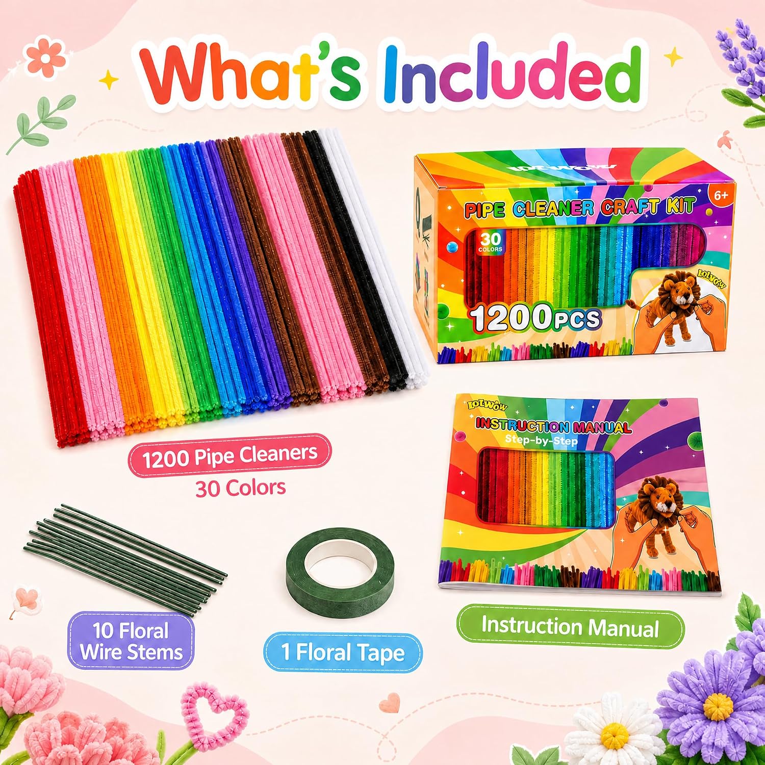 LOTWOW 1200PCS Pipe Cleaners Bulk 30 Colors, 18 DIY Projects & Video Guides | Non-Toxic Arts and Crafts Supplies, Pipe Cleaner Flower Kit for School Projects & Holiday Decorations(12 inch * 7 mm)