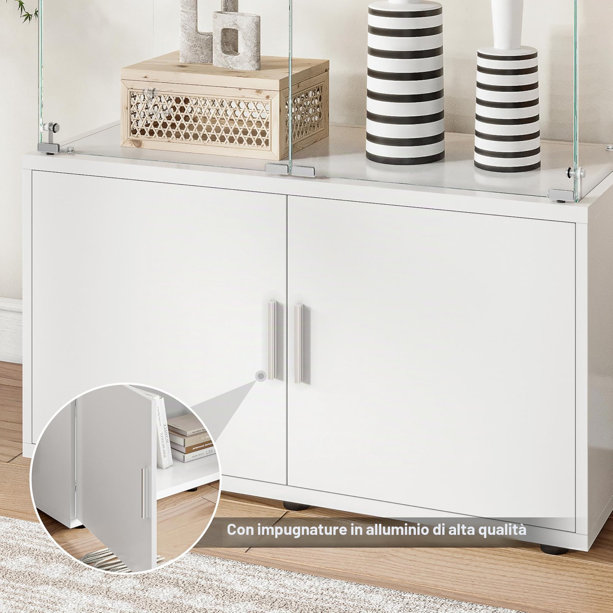Vetrina Espositiva in Vetro Bianco con 4 Piani, Vetrine in Vetro con Serratura, 78.5×35×164 cm, Vetrinetta in VetroVetrina Soggiorno con LED Vetrinette Espositive inVetro, Bianco