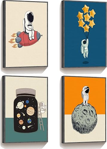 TIME TREE Arte de pared espacial póster espacial enmarcado para decoración de dormitorio juego de 4 bonitas pinturas para sala de estar decoración