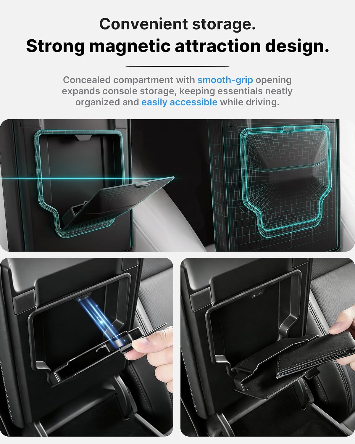 4Pcs for Tesla New Model 3/Y Juniper/Highland Non-Slide Center Console Organizer Tray Interior Accessories 2024/2025/2026,Hidden Storage Box,Cup Holder & Armrest Drawer Organizer