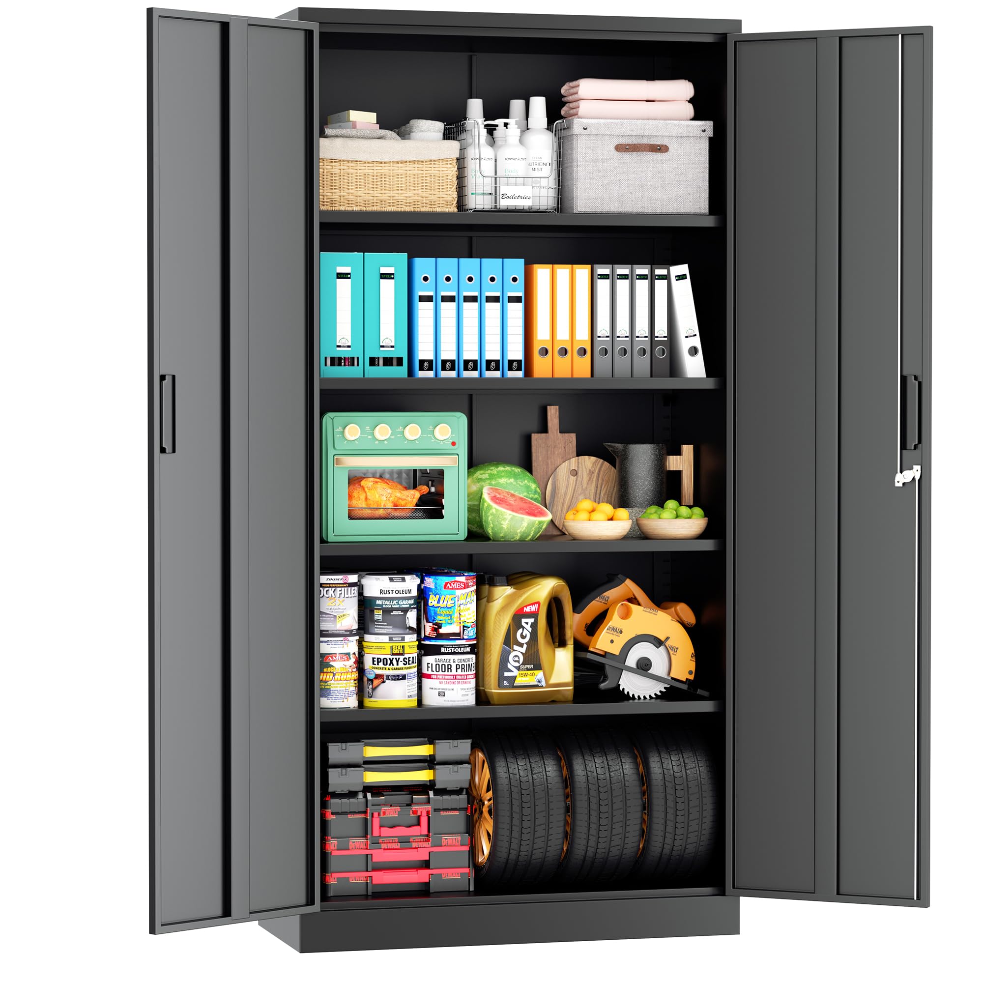 Superday Metal Storage Cabinet, 72" Garage Storage Cabinets with Lock, Black Metal Cabinet with 2 Doors and 4 Adjustable Shelves for Home Office, Classroom, File, Easy Assemble
