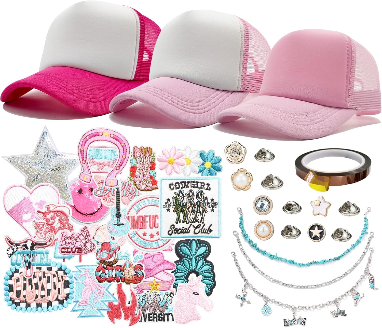 HEYTRCO Pink Western Trucker Hat DIY Kit, 3 Pink Mesh Foam Hats, 25 Patches, 3 Chains, 6 Pins, Heat-Resistant Tape for Custom Cowgirl Hats, Girls DIY Craft Set
