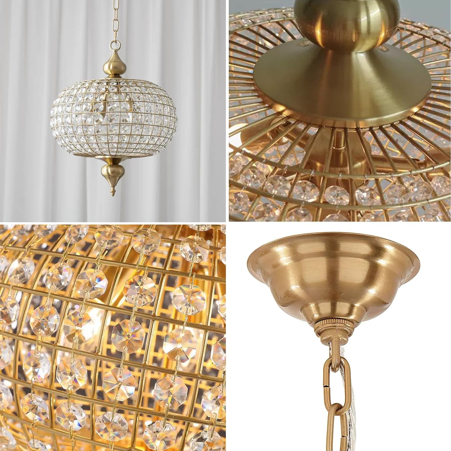 Bofea-Crystal Globe Chandelier 16.5 in Modern Gold Pendant Light for Dining Room Adjustable Foyer Chandelier 4-Light Antique Brass Chandeliers Round Crystal Chandeliers for Living Room,Bedroom