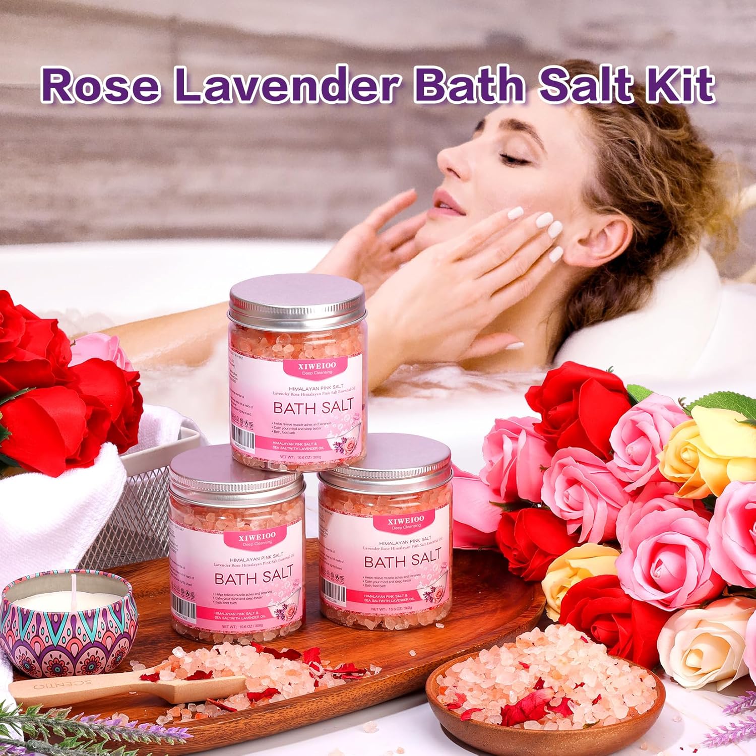 3 Pack Kit Bath Salts for Soaking Himalayan Pink Salt Rose Pink Scent Epsom Salt Bubble Bath for Women Christmas Gift with Dead Sea Salt Moisturizing Skin Tea Tree Oil Natural Soaking spa - Image 3