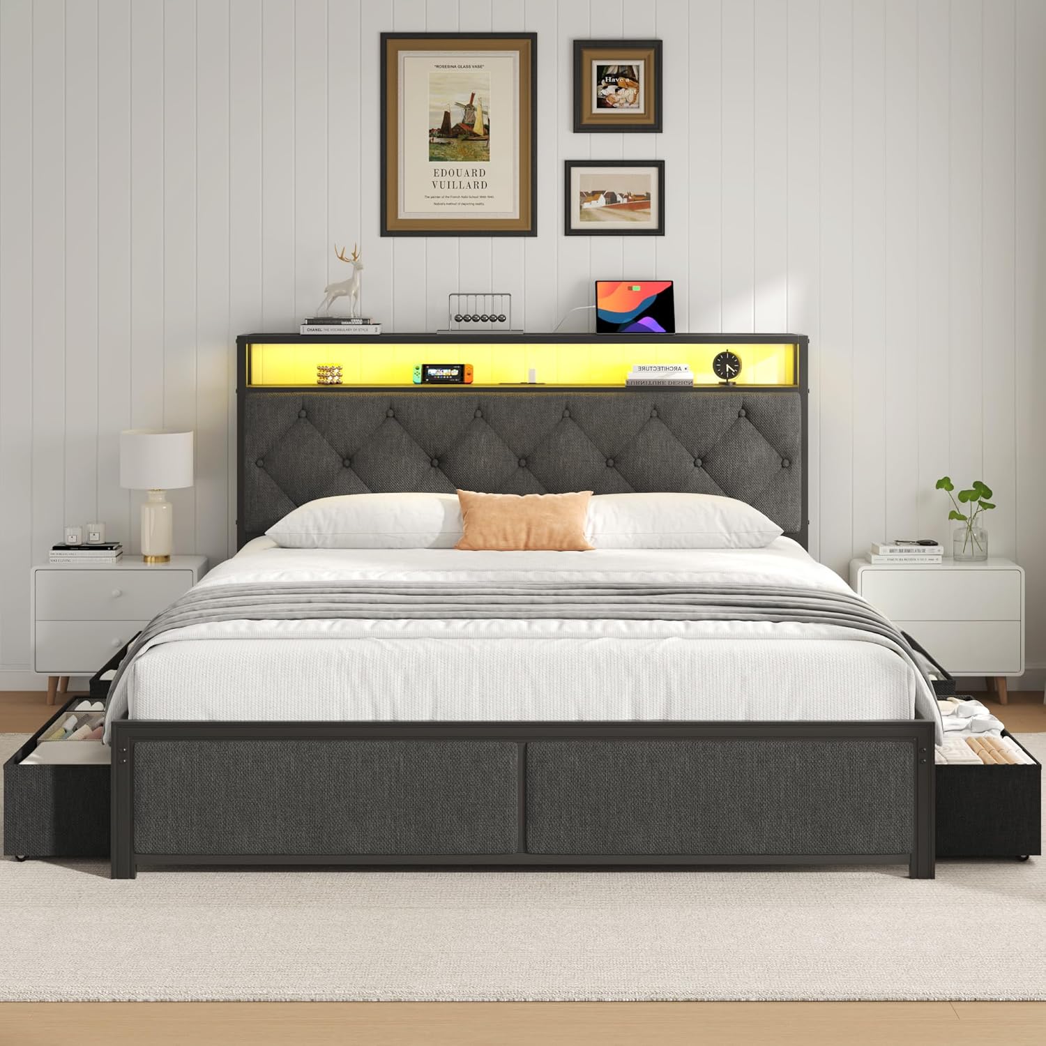 Queen Bed Frame with 4 Drawers, Upholstered Headboard with Storage, Fast Charging Station, LED Lights, Bed Frame Queen Size with Fabric Drawers, No Box Spring Needed, Easy Assembly, Dark Grey