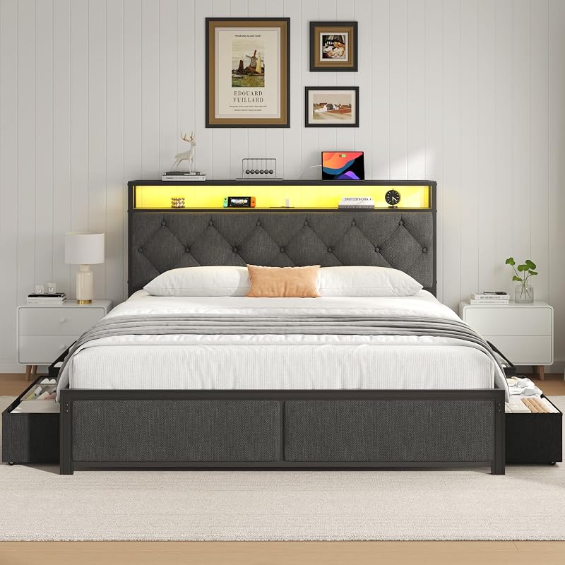 Fluest Queen Bed Frame with 4 Drawers, Upholstered Headboard with Storage, Fast Charging Station, LED Lights, Bed Frame Queen Size with Fabric Drawers, No Box Spring Needed, Easy Assembly, Grey image 3