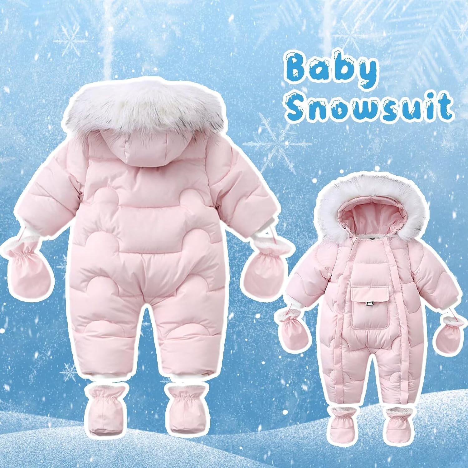 Baby Snowsuit Toddler Winter Unisex Romper Infant Girls Boys Solid Hooded Jumpsuit with Gloves Footie Down Coat Jacket - Image 2