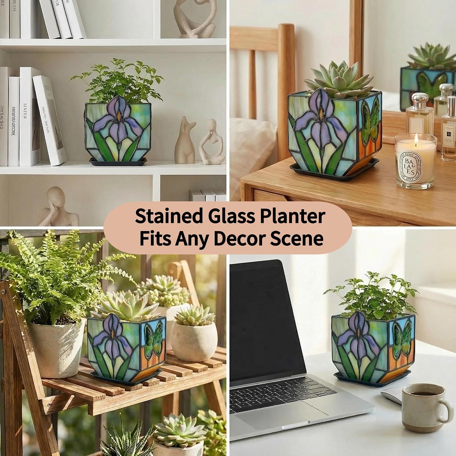 Handmade Tiffany Style Stained Glass Iris Planter, Decorative Succulent Pot with Drainage, Indoor Plant Pot for Home Decor, Unique Gardening Gift for Plant Lovers, Mom, Women