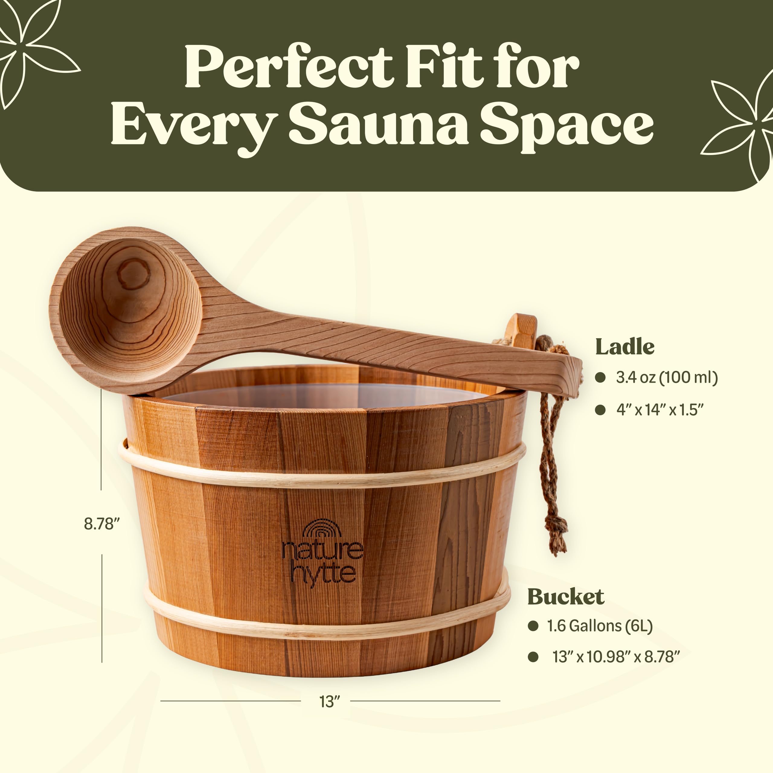 Juego de cubo y cucharón de cedro rojo para sauna de 6 L (1.6 galones), mango de cuerda natural, madera de cedro rojo de alta calidad, aroma natural, elegante embalaje listo para regalo
