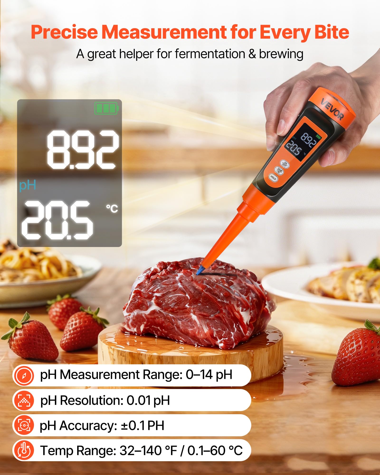 VEVOR pH-Meter für Lebensmittel, Messbereich 0–14, Wasserdichte Sonde (IP68), Messgerät mit Automatischer Temperaturkompensation, Kalibrierpulver, für Lebensmittelfermentation, Teig & Fleisch