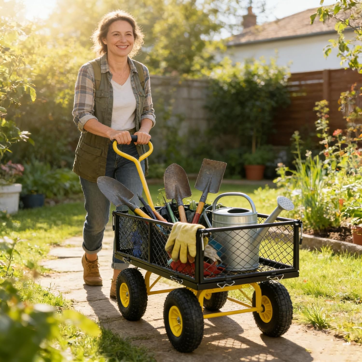 Folding Garden Dump Truck Cart - Utility Heavy Duty Wagon with 180° Rotating Handle and Removable Sides, 10-Inch Pneumatic Tires, 550 lbs Capacity, Gorilla Cart for Yard and Garden, Yellow