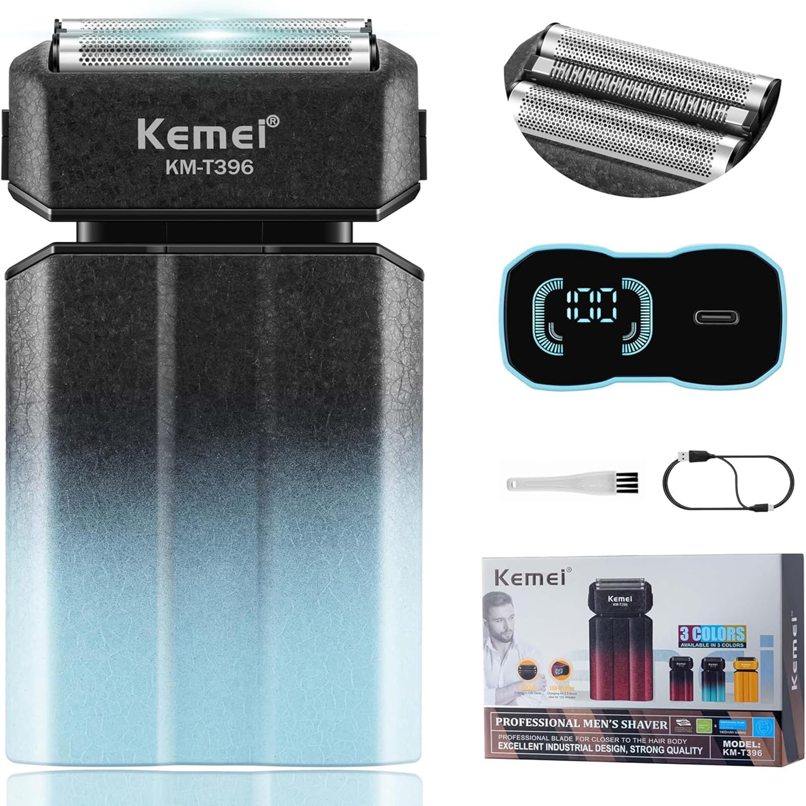 Kemei KM-T396 - Rasoio elettrico da uomo, con 3 lame galleggianti, 7500 giri/min, ricaricabile, senza fili, tipo C, durata 120 minuti, display a LED, blocco da viaggio, blu