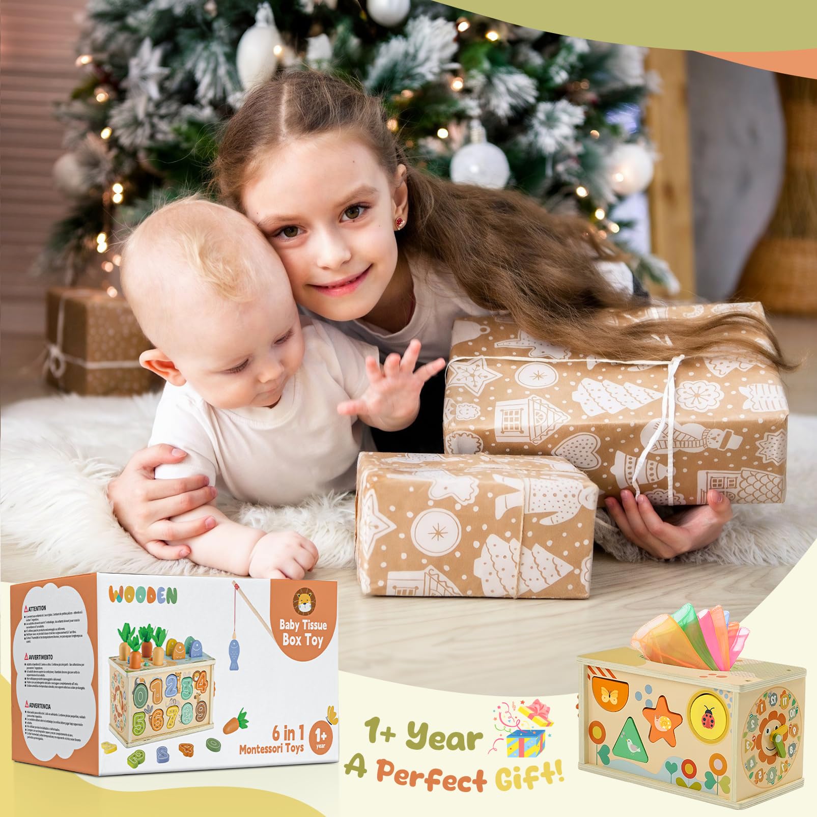 Juguetes Montessori 1 Años, 6 in 1 Montessori Madera Juguete de Caja de Pañuelos para Bebés con Juego de Pesca, Juguete Educativo para Niños de 1 2 3 Años Actividades de Motricidad Fina | Regalo Ideal