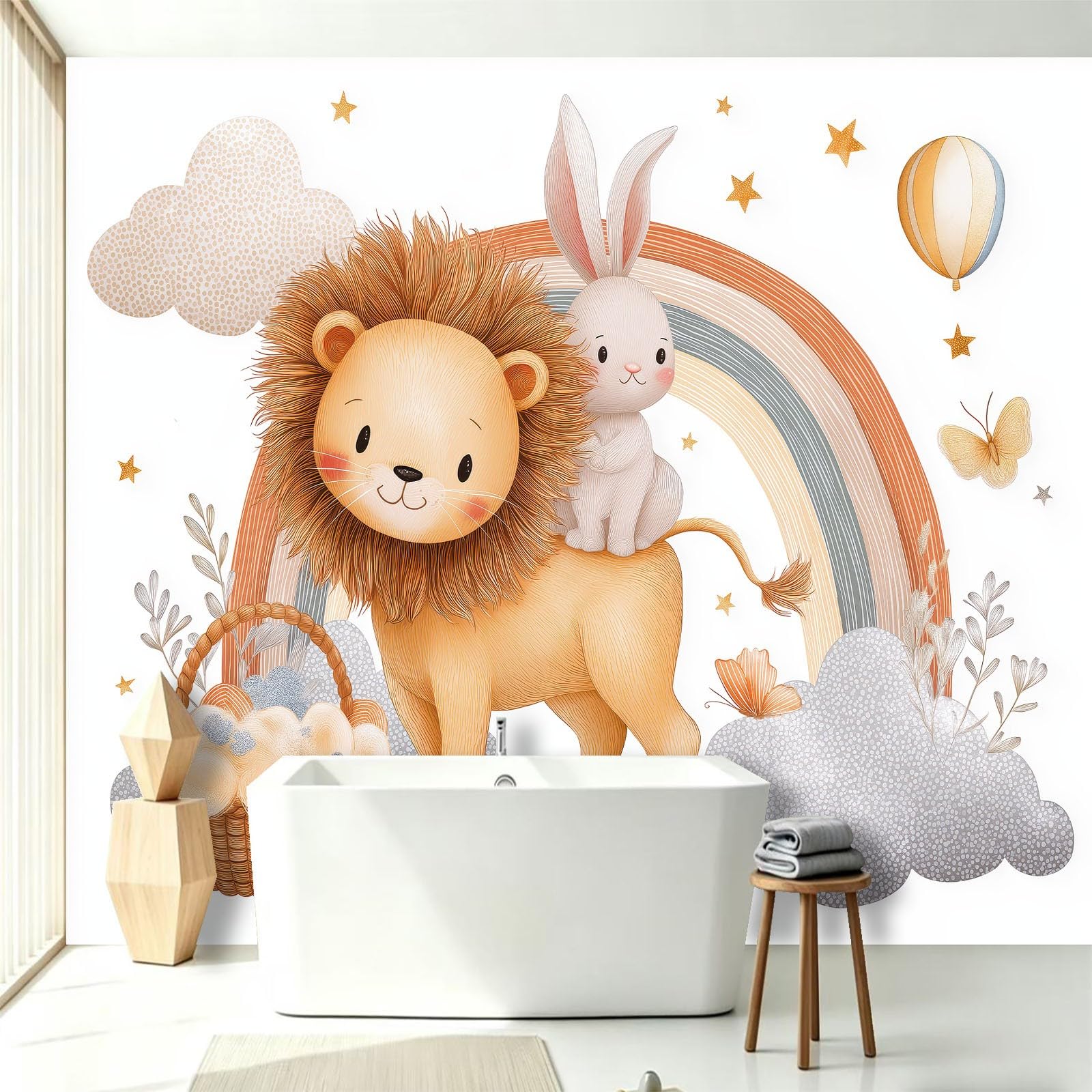 Panoramiczna tapeta Cartoon Rainbow 300 x 210 cm (dł. x wys.), dekoracja ścienna do pokoju dziecięcego salon kuchnia - gobelin unikalny i nowoczesny design - zwierzę lew królik