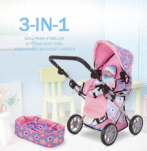 Miniatura 2 de Cochecito convertible con asa ajustable con toldo y cesta de almacenamiento, 25 pulgadas, color azul