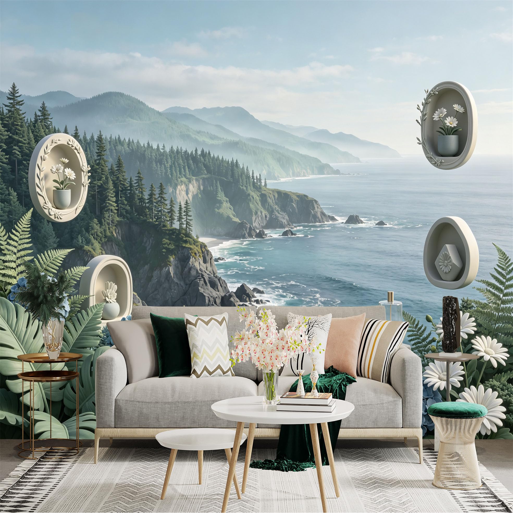Lnzczhyre Bh260719633 Custom Size Wall Sticker Mural， Coastal Cliff Scenery， Lush Green Forest， Blue Hydrangea Flowers， Tropical Ferns， For Wall Decoration， Peelandstick Wall Decals.