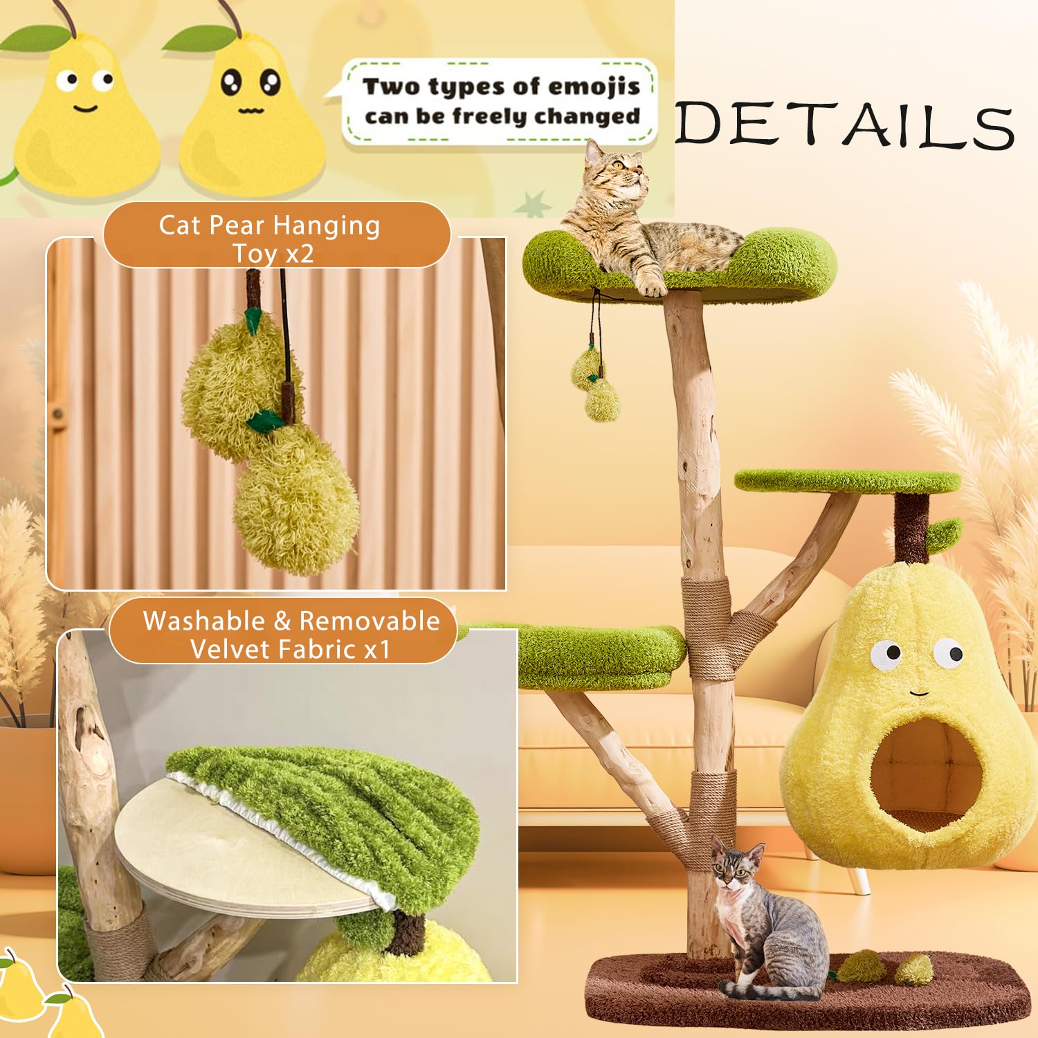 54'' Pear Luxury Cat Tree Tower, Solid Wood Cat Furniture for Multi-Cat Families, Cute Kitty Activity Center for Home Decoration, Spacious Condo with Removable Mat for Small Medium Large Cats