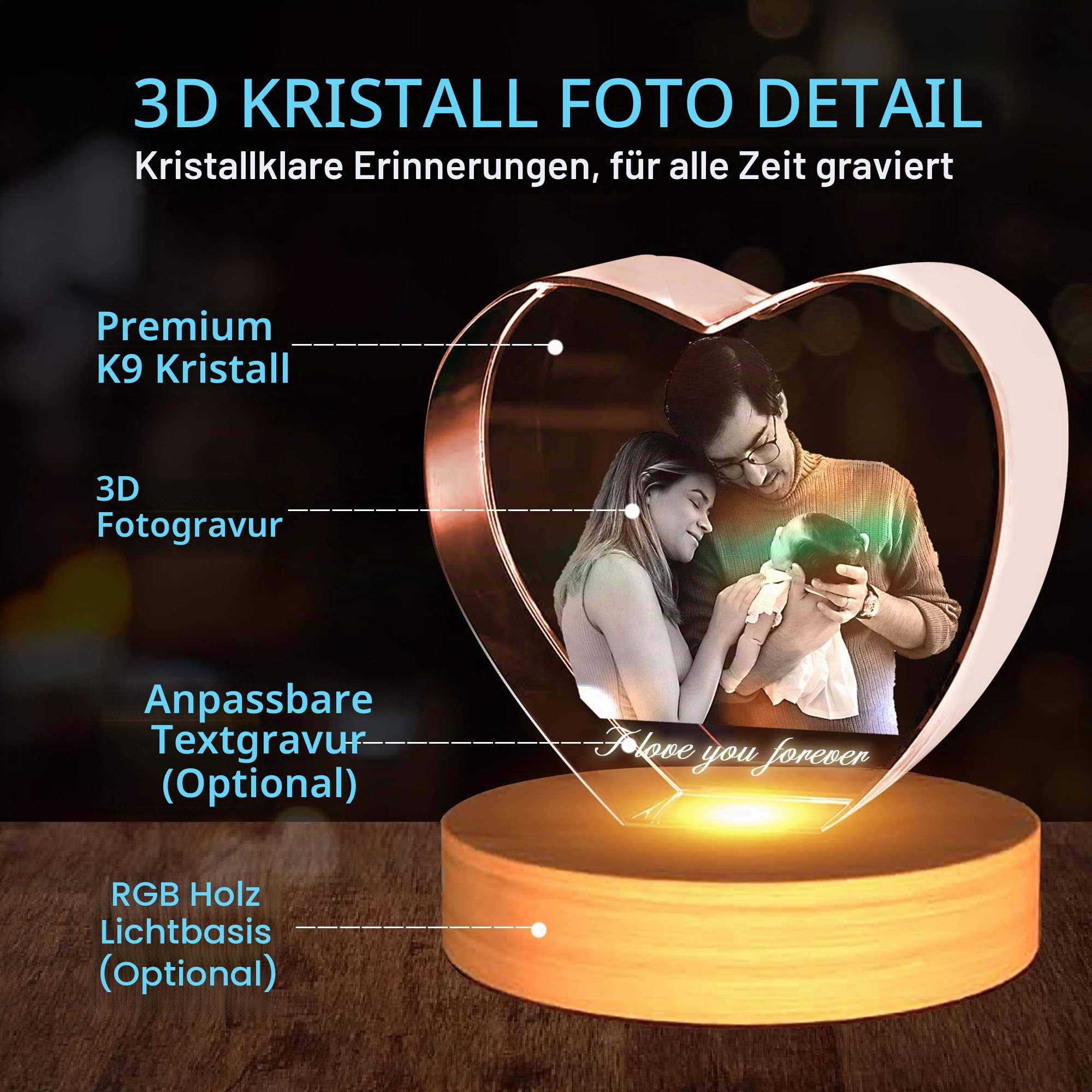 Personalisierte 3D Foto Glas, 3D Glasfoto mit Leuchtsockel, 3D Kristall Foto Glasbilder Fotogeschenke mit Lasergravur, Personalisierte Geschenke für Frauen, Freundin, MäNner, Mama, Papa