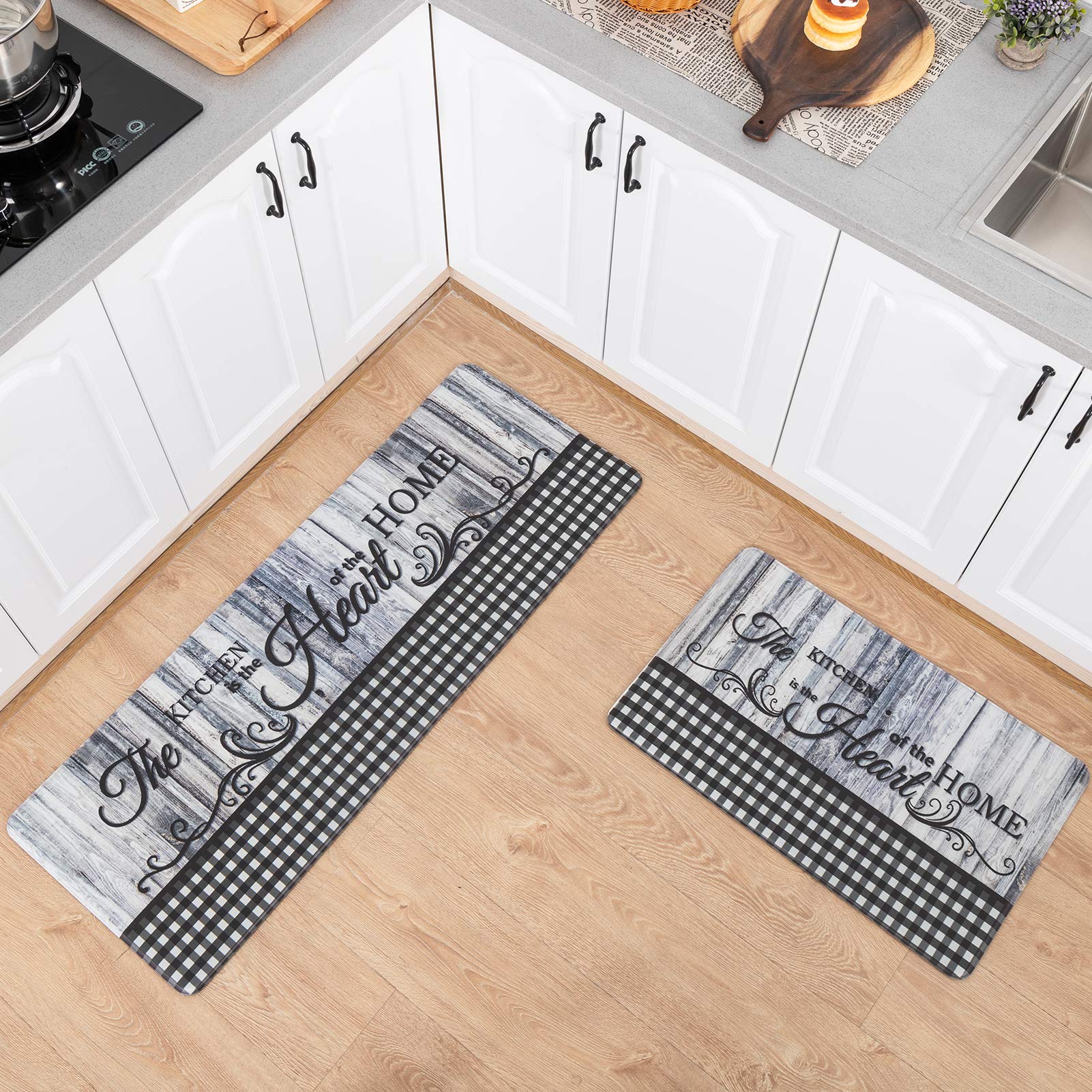 Checkered Kitchen Mats for Floor, Comfort Kitchen Standing Desk Mat Anti Fatigue, Rug Waterproof Stain Resistance Non Slip Kitchen Set, 17.3''x27.6''+17.3''x47.2'', Wood Plaid, Black & White