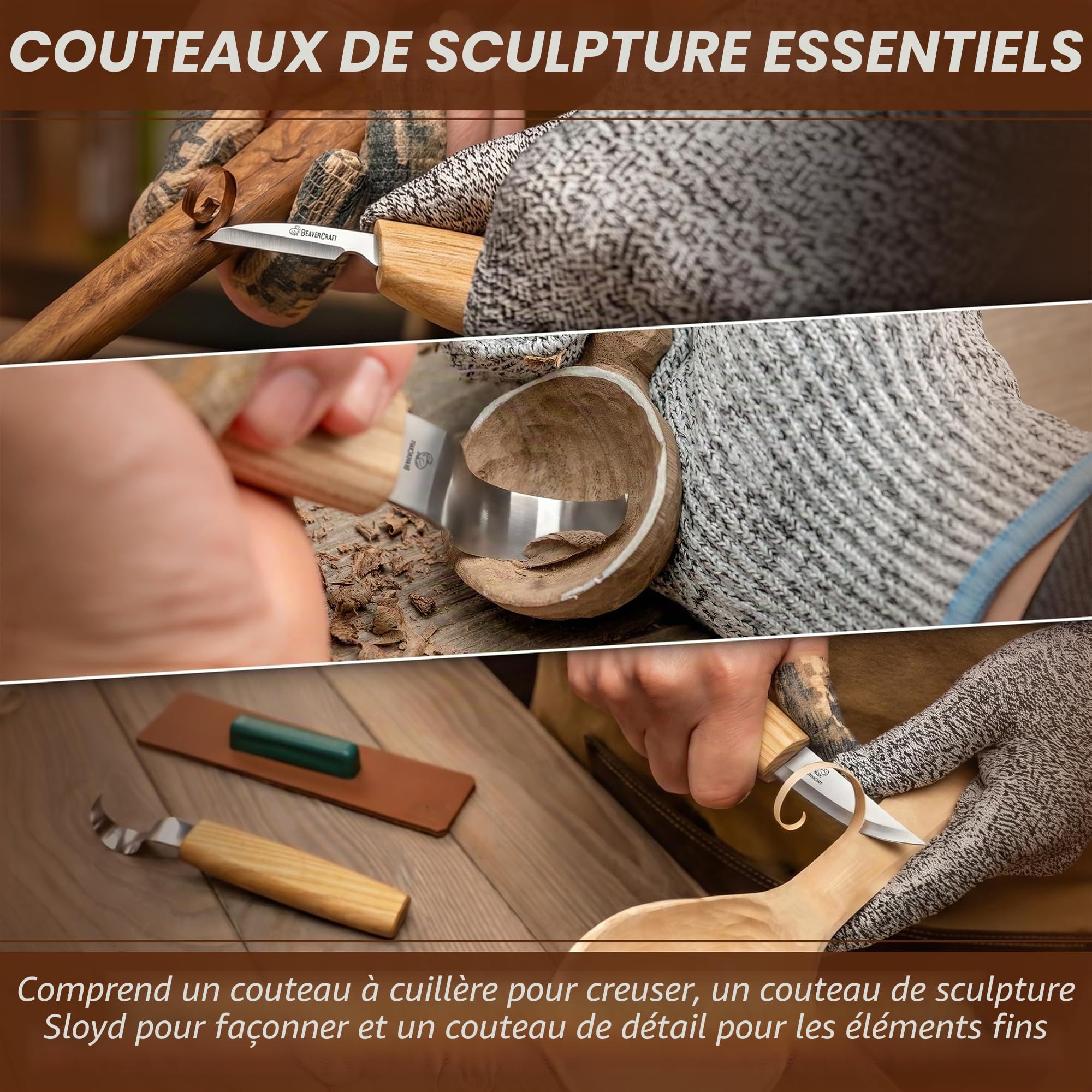 BeaverCraft S13L ensemble d'outils de sculpture sur bois pour cuillère à sculpter le cuir et le composé de polissage couteaux à découper pour gaucher