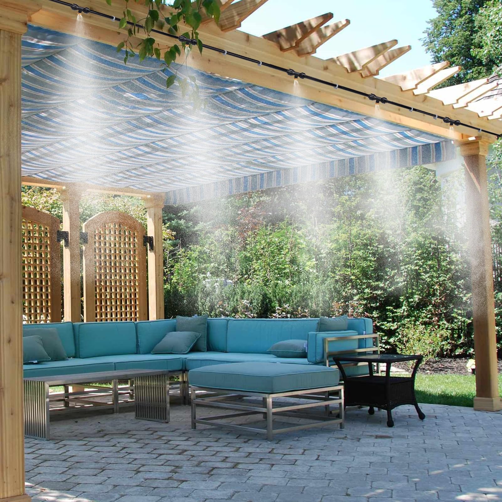 Système de refroidissement par brumisation pour poulailler – Préinstallé, sans fuite, tuyau de brumisation pour terrasse, avec ligne de brumisation de 11 m + 11 buses de brume + adaptateur