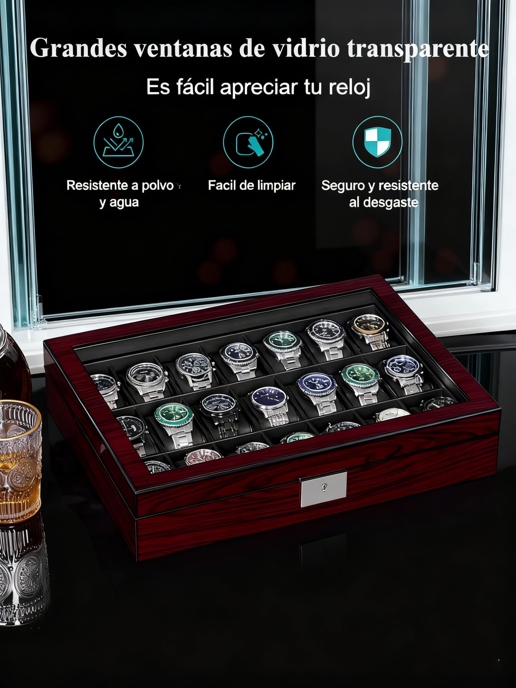 ANWBROAD Caja de relojes con 21 compartimentos, caja de joyería para hombre, con gran tapa de vidrio, vitrina de relojes, organizador de relojes con cierre, lujoso soporte de relojes para regalo