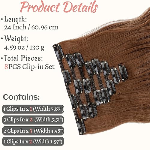 Miniatura 2 de Extensiones de cabello con clip, de 24 pulgadas, 8 unidades, color marrón claro, extensiones de cabello sintético largo ondulado con clip,